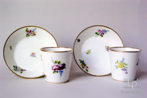 Vincennes porcelain beakers and saucers, eighteenth century