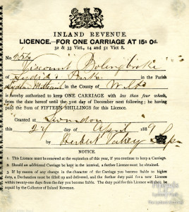 Licence for One Carriage, Lydiard Park, 1889