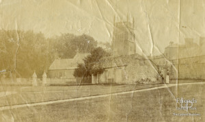 Photograph of St. Mary's Lydiard Tregoze with two women, c1890s