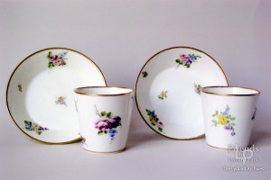 Vincennes porcelain beakers and saucers, eighteenth century