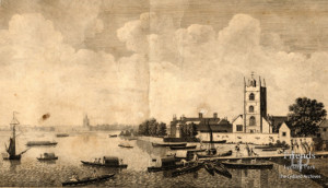 Engraving of Battersea Church and manor house, 1752