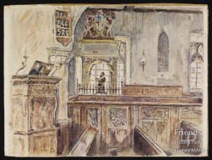 'Monument and the Bolingbroke pew, St Mary's Church, Lydiard Tregoze' by V.H. Lines, 1942