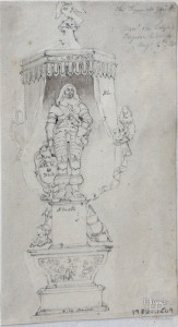 Pencil drawing of Golden Cavalier monument by Frederick Nash, 1801