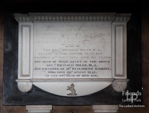 Memorial tablet to Mrs Knight & Revd. Richard Miles, St. Mary's Lydiard Tregoze, 1841