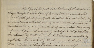Notation on Shakespeare First Folio owned by Col. John and Mrs. Lucy Hutchinson