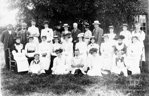 Photograph of owners and workforce outside the dairy at Lower Salthrop Farm c1912