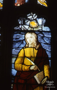 East window, Lydiard Tregoze - before & after conservation (central panel - St. John the Evangelist)