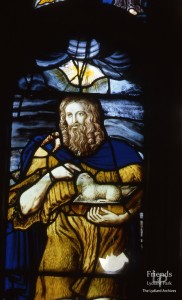 East window, Lydiard Tregoze - before & after conservation (central panel Left - John the Baptist)