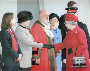 Photograph of Cllr Maurice Fanning & Sheila Fanning, Mayor & Mayoress of Swindon, greeting HM Queen Elizabeth, 1997