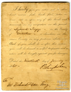 Trespass notice issued to Richard Dore King, 1860