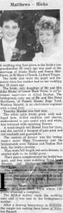 Newspaper cutting - wedding of  Alison Hicks and Simon Matthews, c1988