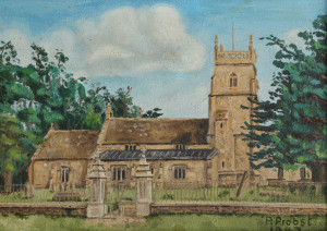 Painting of St. Mary's Lydiard Tregoze by Peter Probst, 1947