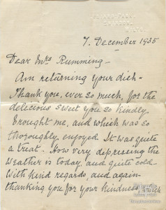 Letter from Lady Bolingbroke to Mrs Rumming, December 1935