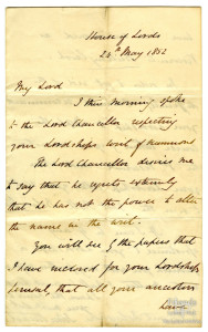 Letter from House of Lords to Henry 5th Viscount Bolingbroke, 1852