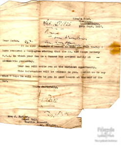 Letter to Mrs Joseph Rudler of Coped Hall from military, 1917