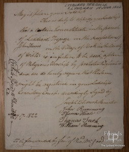 Certificate for a place of Religious Worship in Hook, Lydiard Tregoze, 1822