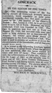 Letter to Times - Gimcrack,  mid 19th Century